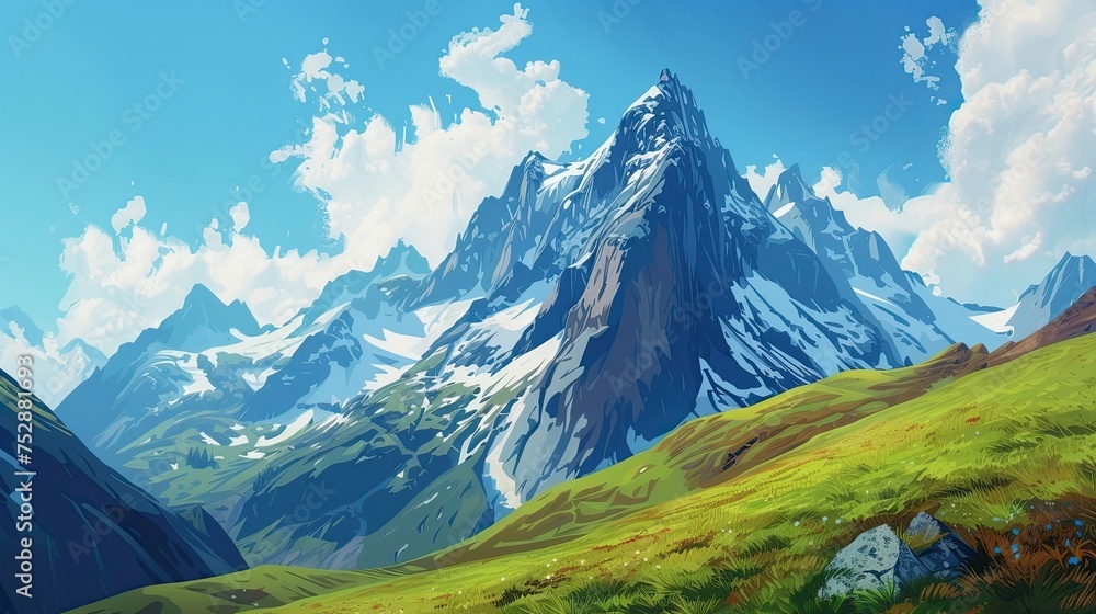 Snow-capped mountain peaks. Canyon, mountaineering, nature, resort, winter, skiing, grotto, cape, abyss, depth, ravine, echo, cliff, river. Generated by AI