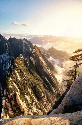 View of Huashan National Park mountain landscape at sunset, China.