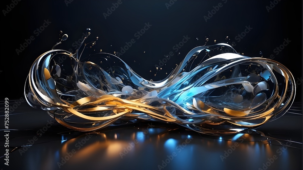Abstract futuristic background with gold lighting neon moving high speed wave lines and bokeh lights, with yellow and blue wavy structure decoration. Abstract futuristic background with gold lighting neon moving high speed wave lines and bokeh lights, with yellow and blue wavy structure decoration.