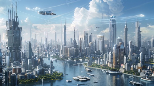 A Futuristic Cityscape with AI Integration: An artistic rendering of a futuristic city skyline with AI-powered technologies seamlessly integrated into daily life, such as autonomous vehicles photo