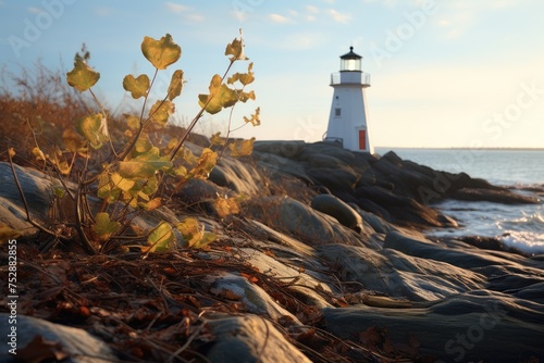 Lighthouse Glow: Coastal scene with a leaf and the soft glow of a distant lighthouse.