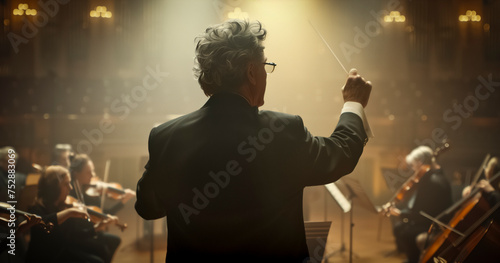 orchestra conductor with a baton leading an orchestra in a classical music concert - classical music and symphony orchestra concept