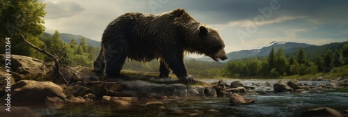 A brown bear confidently strides across a river, with a lush forest providing a scenic backdrop. photo