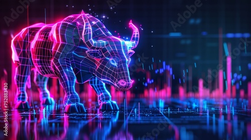 trading with angry bull on stock chart pattern, mode futuristic, color neon glow © Emil