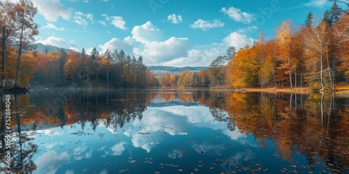 Calm clear lake with beautiful forest in autumn