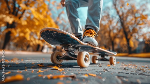 A skateboarder's feet executing a trick on a board during a sunny autumn day, with fallen leaves around.