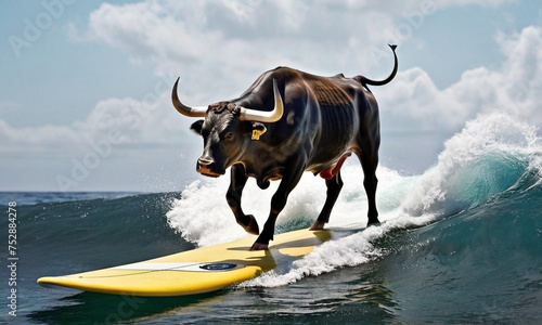 A surreal and artistic depiction of a bull surfing on an ocean wave against a dramatic sky. The bull balances gracefully on a surfboard, and the scene evokes a sense of adventure and imagination.