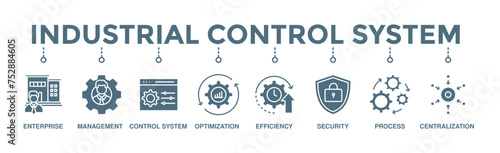 Industrial control system banner web icon illustration concept with icon of enterprise, management, control system, optimization, efficiency, security, process, centralization