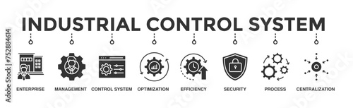 Industrial control system banner web icon illustration concept with icon of enterprise, management, control system, optimization, efficiency, security, process, centralization
