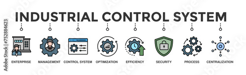Industrial control system banner web icon illustration concept with icon of enterprise, management, control system, optimization, efficiency, security, process, centralization