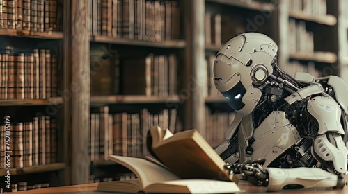 A Humanoid Robot Learning: An image of a humanoid robot engaged in a learning process, perhaps reading a book or analyzing data, showcasing the ability of AI systems to acquire knowledge and adapt