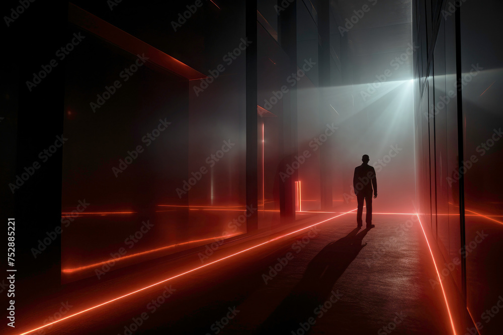 Industrial interior while security alert. Futuristic surveillance system scanning space. Man stopped by security system. Red alert. Security powered by artificial intelligence