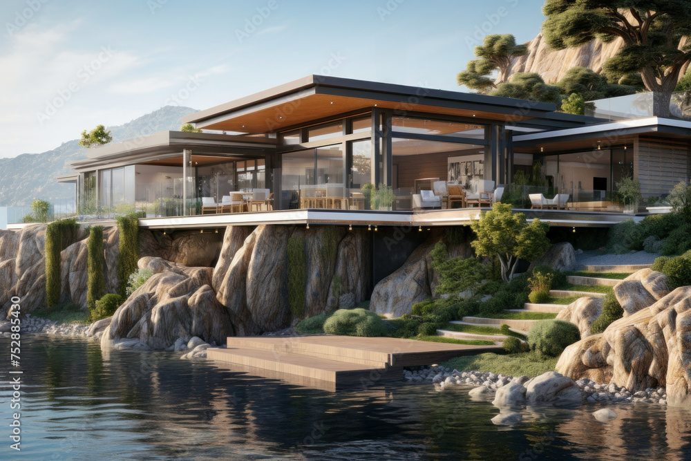 Luxury hotel. Contemporary modern house. Exterior of real estate. Holiday villa with swimming pool. Business resort. Travel during summer vacation Luxury hotel. Contemporary modern house. Exterior of real estate. Holiday villa with swimming pool. Business resort. Travel during summer vacation