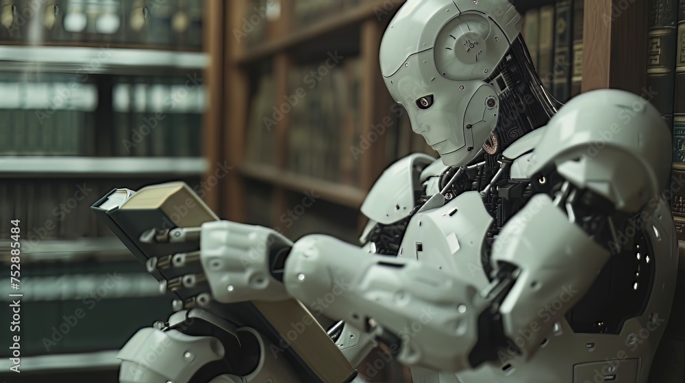 Fototapeta premium A Humanoid Robot Learning: An image of a humanoid robot engaged in a learning process, perhaps reading a book or analyzing data, showcasing the ability of AI systems to acquire knowledge and adapt