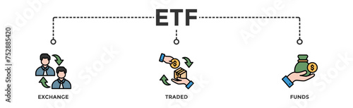 ETF banner web icon vector illustration concept Exchange Traded Funds Stock Market Investment with icon of money, cash flow, trading, transaction, bank, accounting, and growth