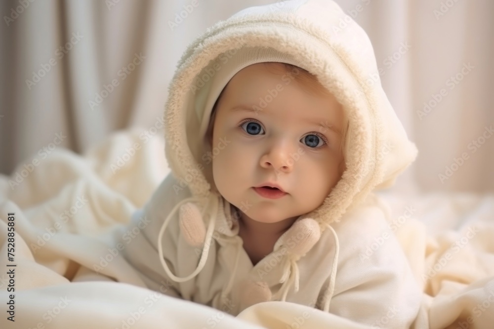 A small female child is seated on top of a bed, gazing ahead. A small female child is seated on top of a bed, gazing ahead.