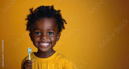happy smile black kid boy child holds a toothbrush in hand on an orange isolated background. Pediatric dentistry for brushing teeth