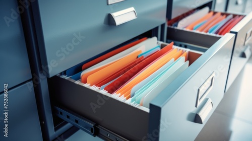 Metal filing cabinet with open drawer full of documents