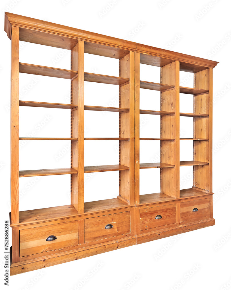 Obraz premium Empty double wooden library in perspective isolated on white