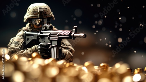 A soldier stands firm, gripping a gun in his hand.