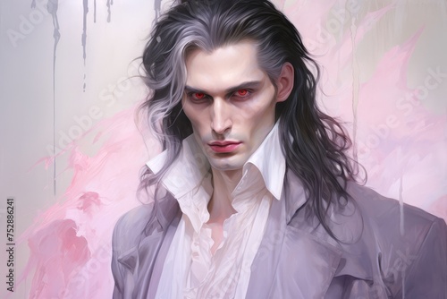 A male vampire with icy complexion and intense violet eyes, set against a backdrop of solid pastel peach, conveying an aura of otherworldly charm and seduction.