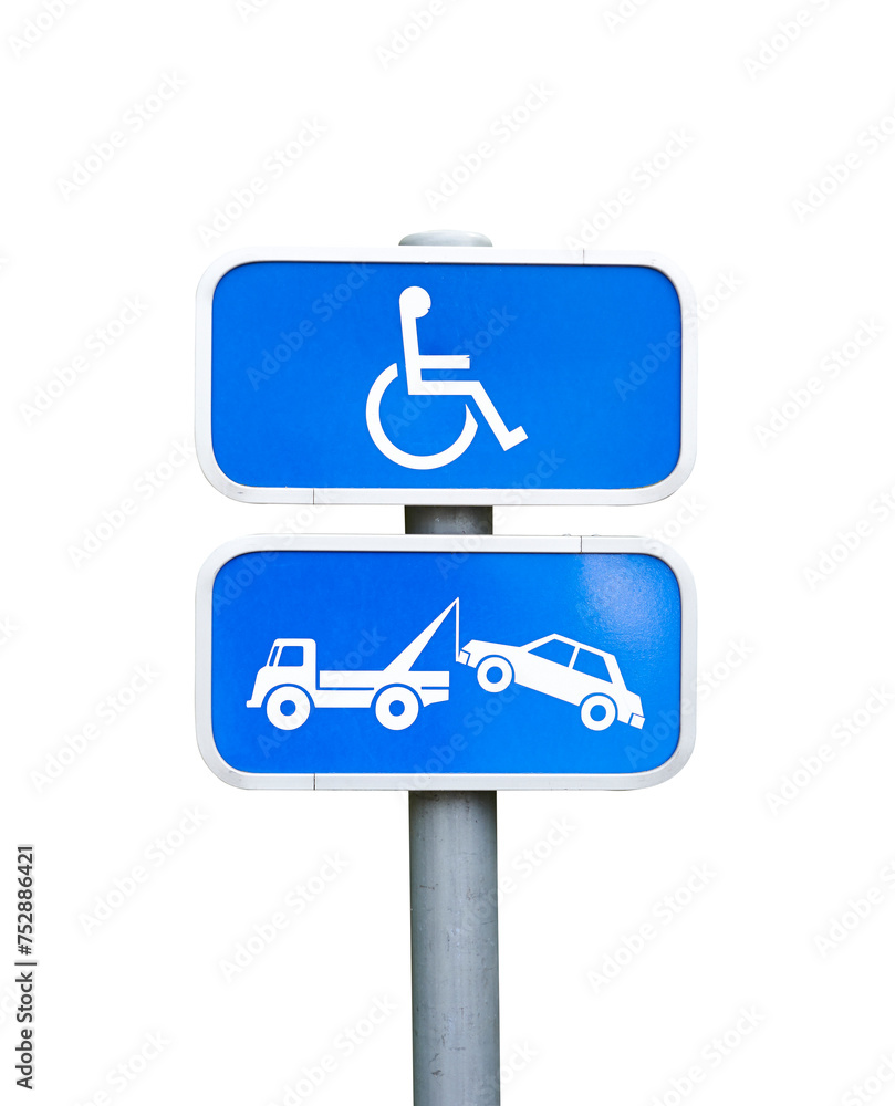 Handicap parking sign and car removal sign - clipping path Handicap parking sign and car removal sign - clipping path