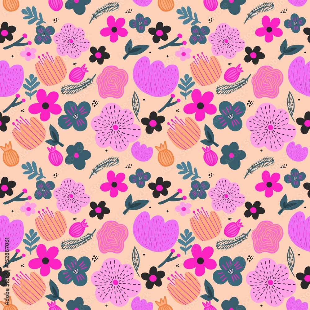 Seamless pattern flower pink set floral