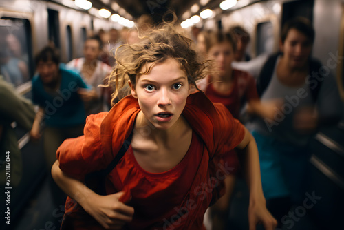 Scared worried panic girl running in a crowd of people and chasing the leaving train in station © Xchip