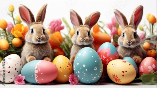 easter bunny and easter eggs with isolated on white © Naila