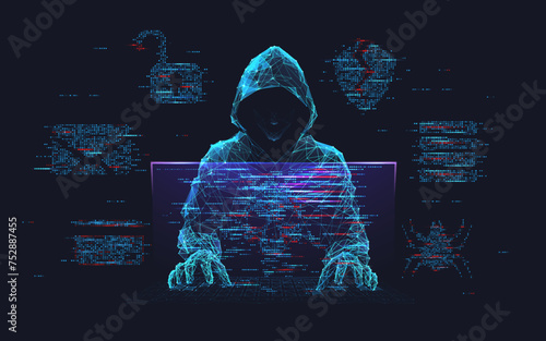 Fraud or scam background. Abstract hacker behind the monitor hologram with programmer code. Cybercriminal icons on a background. Cyber attack, computer hack, cybersecurity concept. Vector illustration (ID: 752887455)