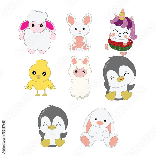 Fototapeta Naklejka Na Ścianę i Meble -  Cute animals.  Aries, penguin, llama, chicken, unicorn, rabbit, sheep