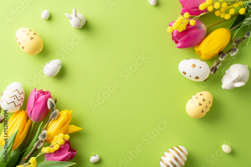 Easter joy captured from above. Top view photo of tulips, mimosa, pussy willow, multicolored eggs, and rabbit figures on pastel green canvas, with empty area left blank for personalized messages photo