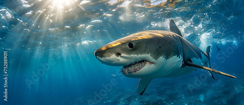 Huge white shark in blue ocean swims under water. Sharks in wild  Scary megalodon under water  ai generated 