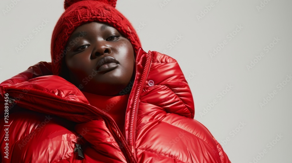 Naklejka premium Plus size young woman in stylish red clothes on white background. Diversity and body positivity