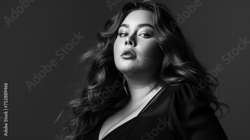 Plus size young woman in stylish clothes. Diversity and body positivity. Black and white photo.