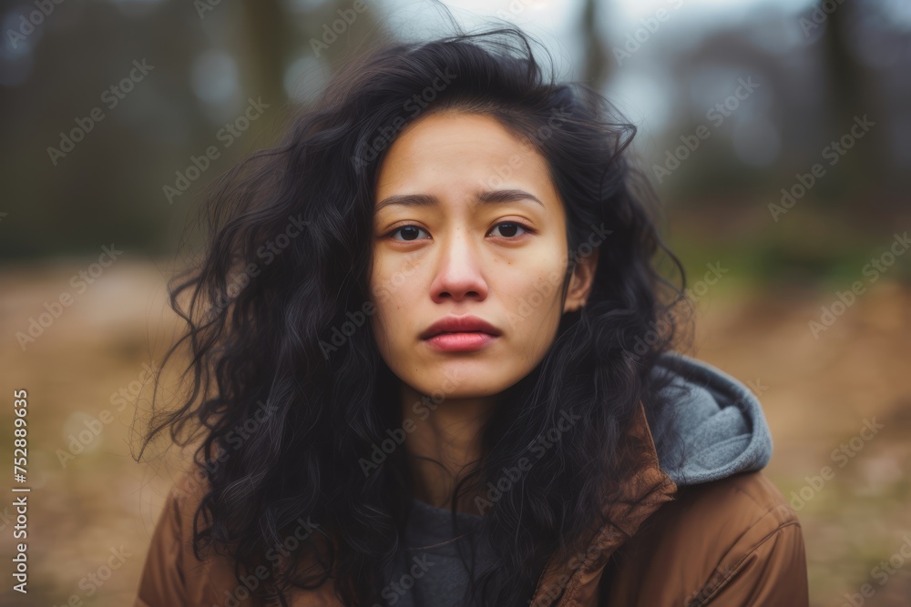 Young curly tired woman wanders alone in the park Young curly tired woman wanders alone in the park