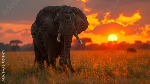Elephant, African-themed photorealistic close front, sun is setting, Generative AI