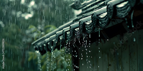 Rain drops on the roof of a Japanese house