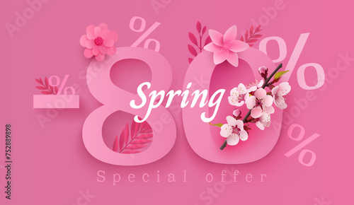 Spring sale offer 80 percentage, flyer save season. Vector illustration photo