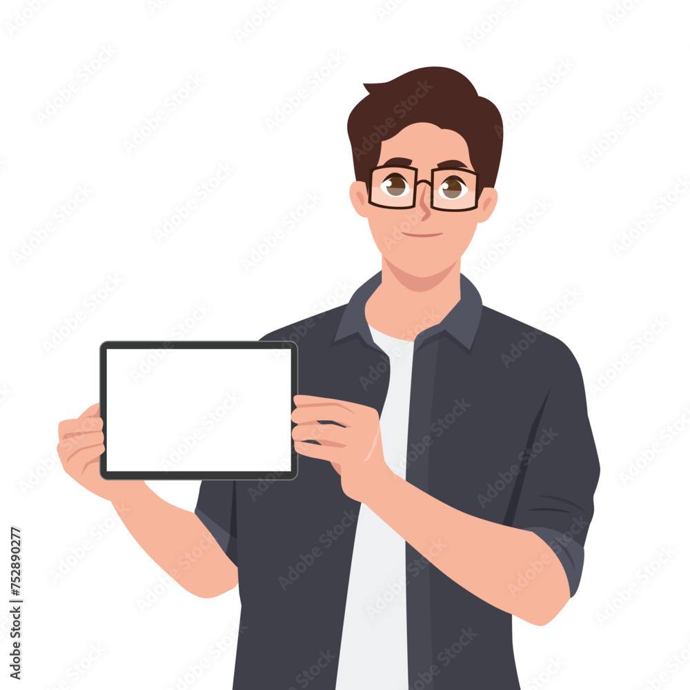 Young man holding digital tablet, showing screen with blank copy space. Flat vector illustration isolated on white background Young man holding digital tablet, showing screen with blank copy space. Flat vector illustration isolated on white background