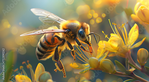 Bee holding nectar, inside hive, macro, very realistic, photographic style, ai generated