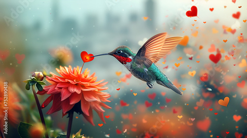 hummingbird flying near a flower, Hummingbird in garden setting, Generative Ai © HayyanGFX