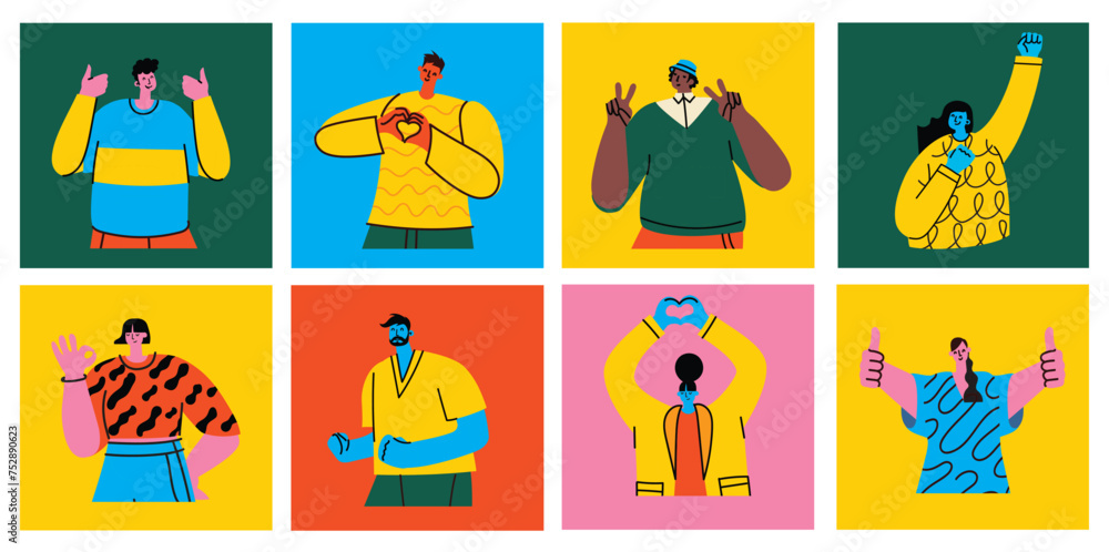 Fototapeta premium Happy positive people. Man and woman team gesturing with hands, fingers. Love, support, solidarity, ok expressions. Flat graphic vector illustration isolated on white background