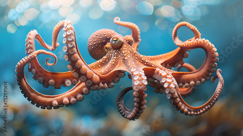 Close Up Realistic Octopus Floating in the Ocean, Generative AI © HayyanGFX