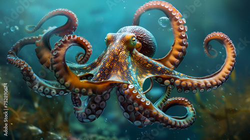 Close Up Realistic Octopus Floating in the Ocean, Generative AI