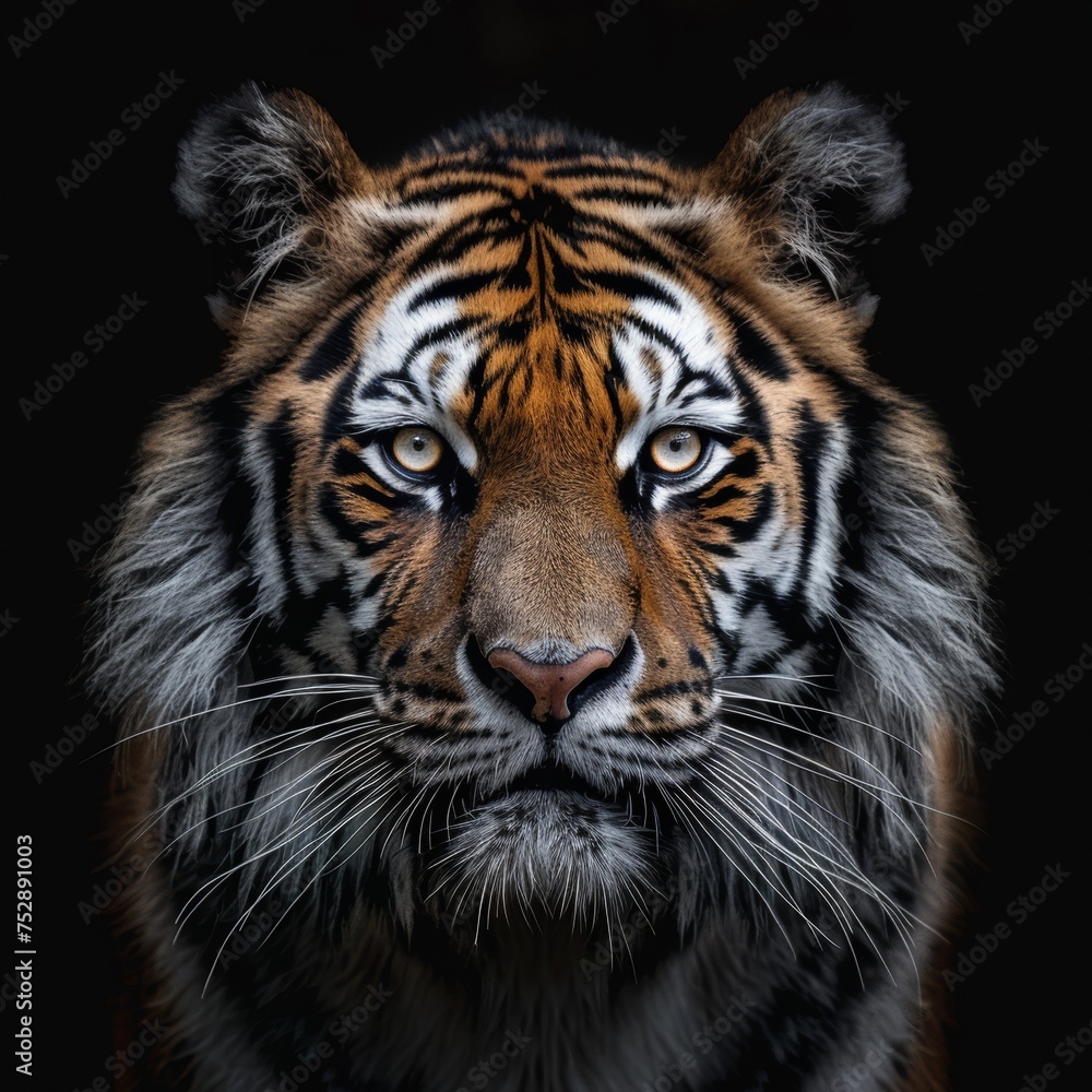 Fierce Tiger Portrait Intense Gaze Black Background