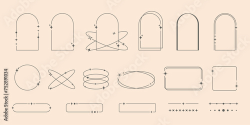 Modern minimalist aesthetic line elements. Trendy arch frames with stars and geometric Y2K shapes.