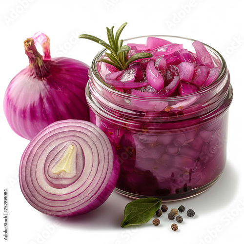 Marinated pickled red onion rings in glass jar isolated on white ai technology