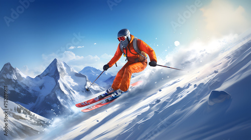 Snowboarder in orange suit and helmet skiing downhill