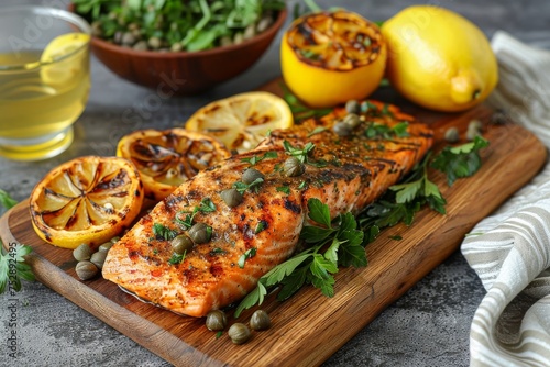 Top view of grilled salmon steak with herbs and grilled lemon